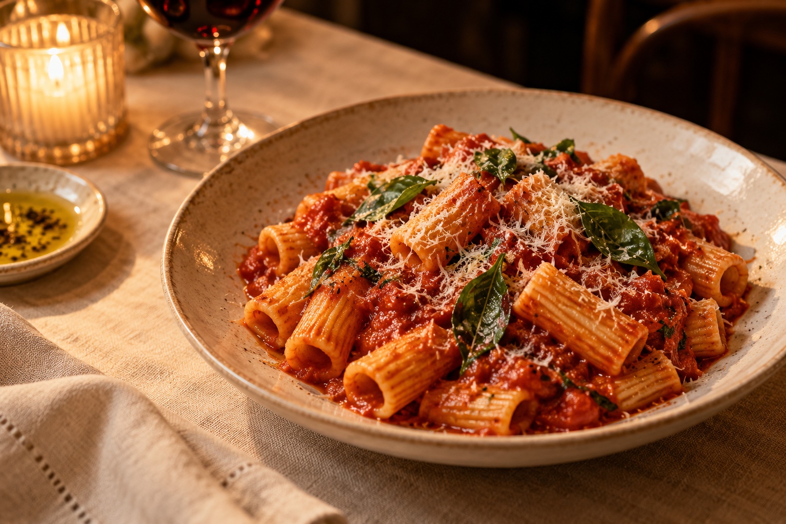 An imagined Raymond’s table with rigatoni, tomato sauce, basil and parmesan on cream linen